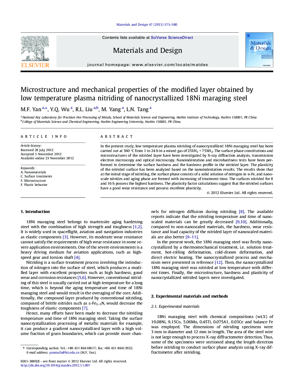 Microstructure and mechanical properties of the modified layer obtained by low temperature plasma nitriding of nanocrystallized 18Ni maraging steel