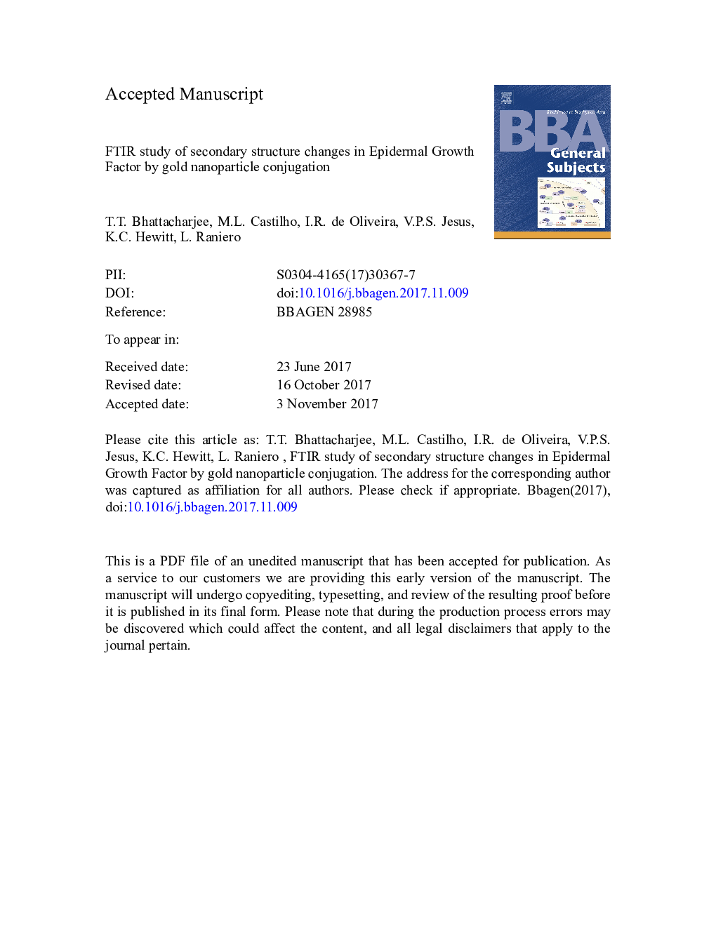 FTIR study of secondary structure changes in Epidermal Growth Factor by gold nanoparticle conjugation