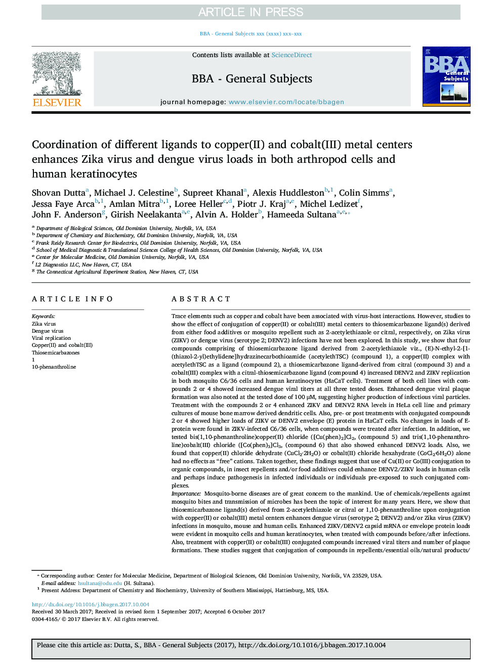 Coordination of different ligands to copper(II) and cobalt(III) metal centers enhances Zika virus and dengue virus loads in both arthropod cells and human keratinocytes