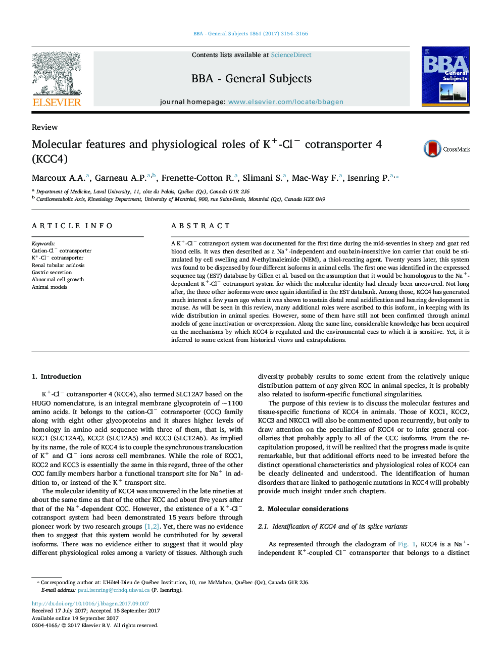 Molecular features and physiological roles of K+-Clâ cotransporter 4 (KCC4)