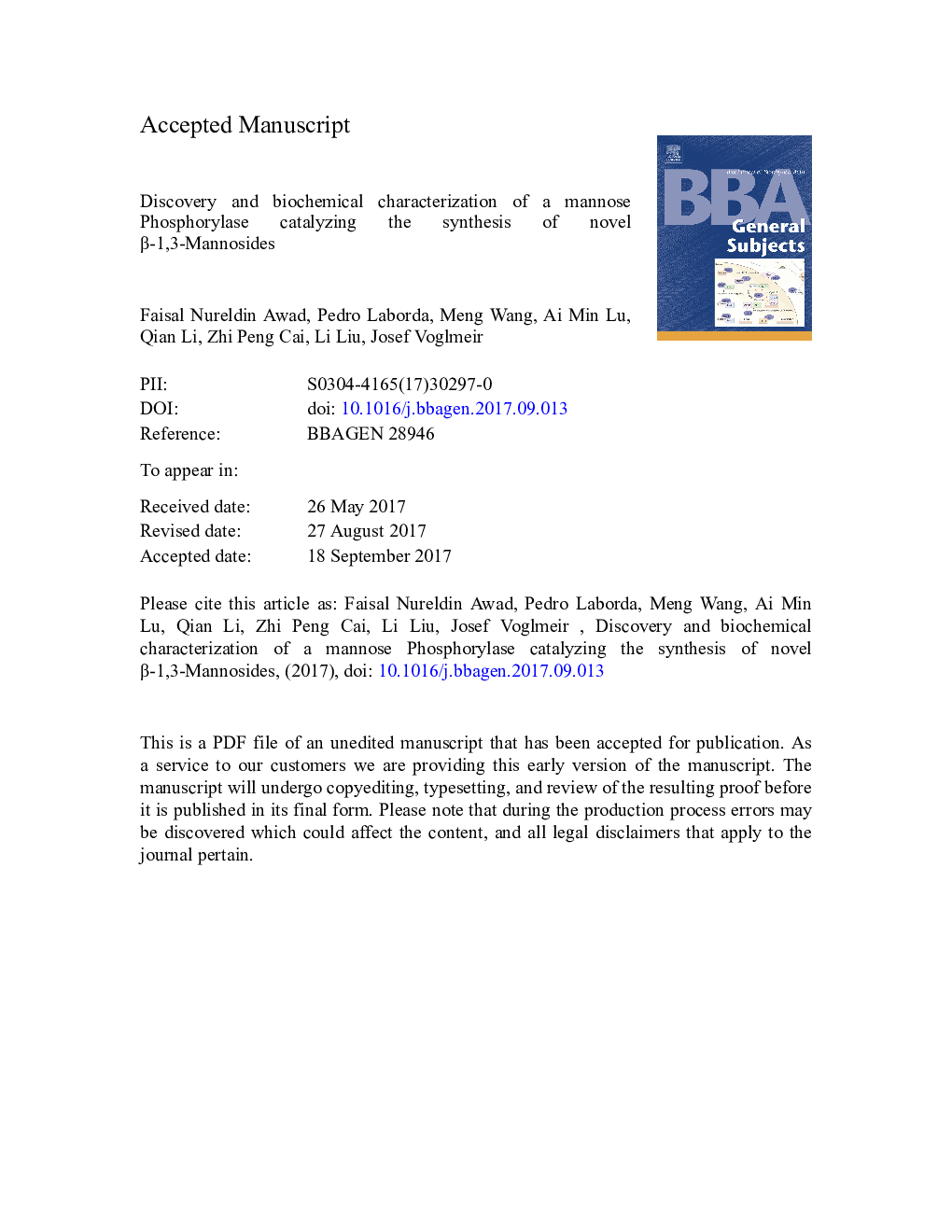 Discovery and biochemical characterization of a mannose phosphorylase catalyzing the synthesis of novel Î²-1,3-mannosides