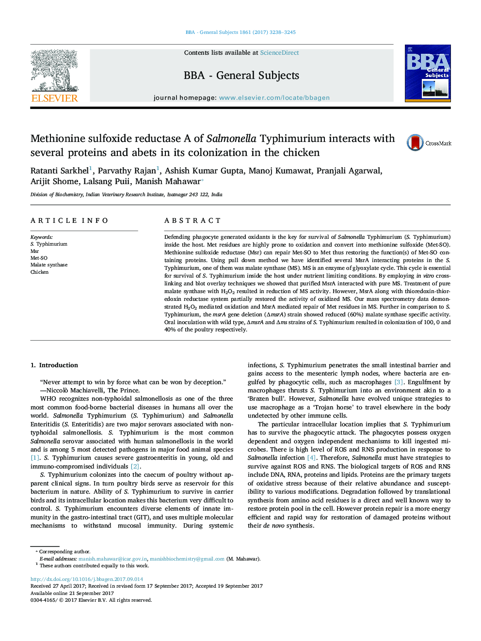 Methionine sulfoxide reductase A of Salmonella Typhimurium interacts with several proteins and abets in its colonization in the chicken