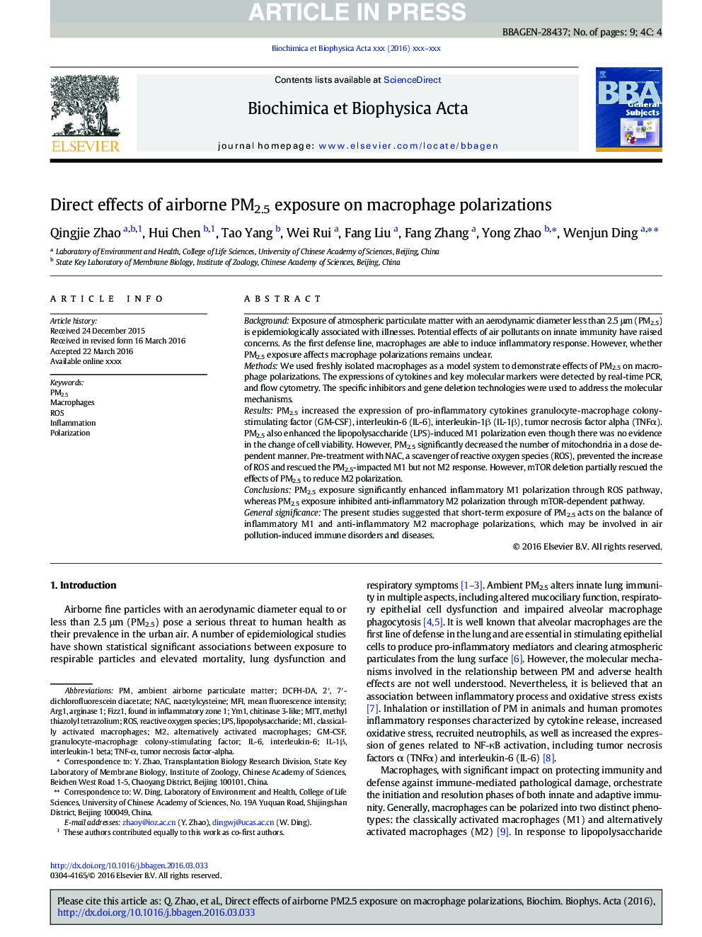 Direct effects of airborne PM2.5 exposure on macrophage polarizations