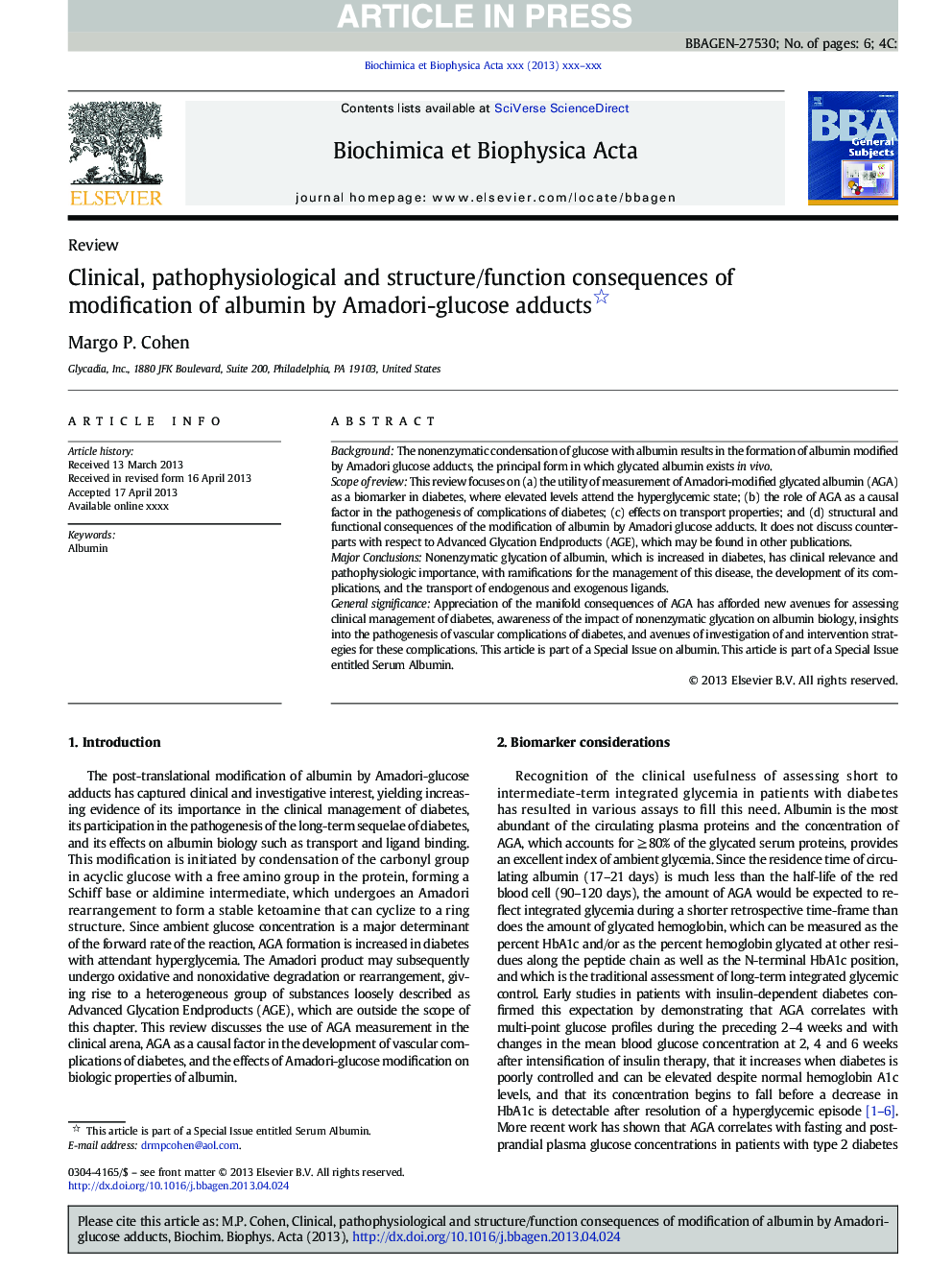 Clinical, pathophysiological and structure/function consequences of modification of albumin by Amadori-glucose adducts