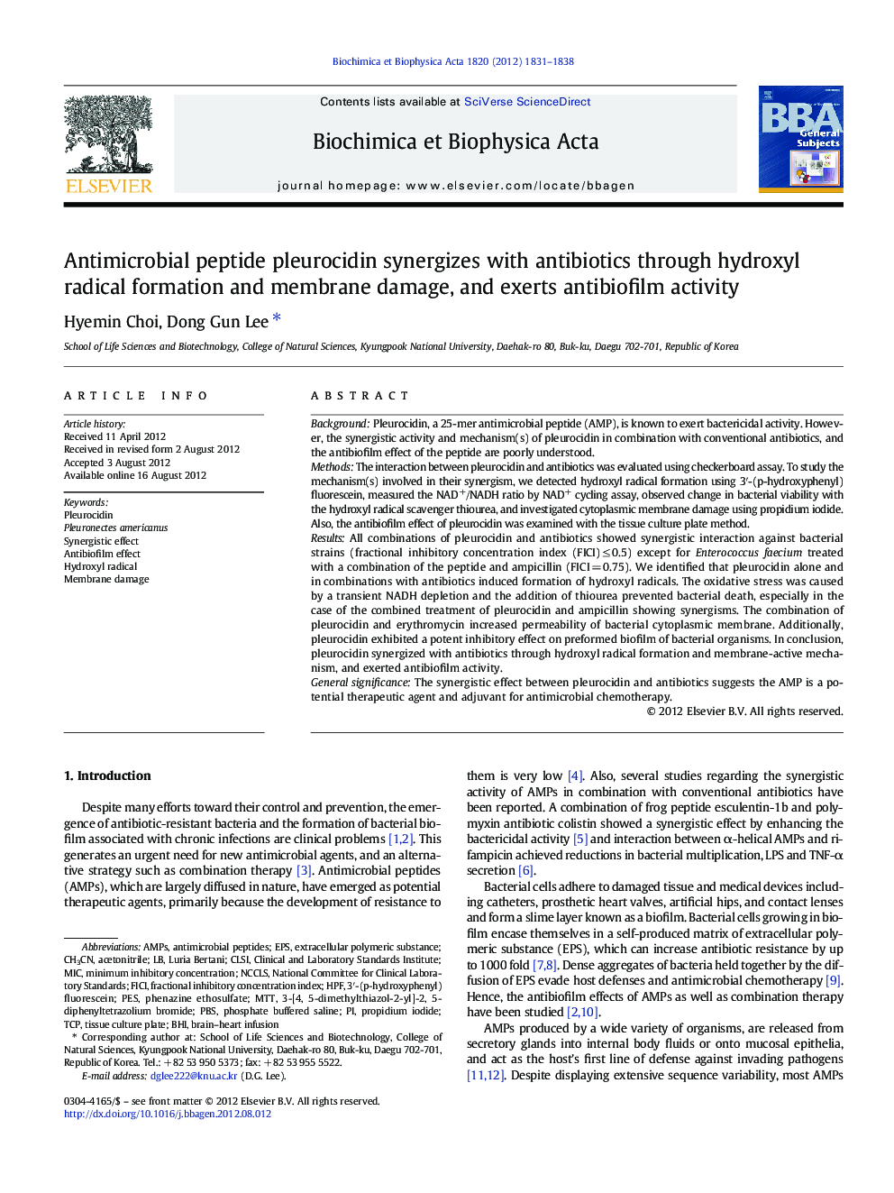 Antimicrobial peptide pleurocidin synergizes with antibiotics through hydroxyl radical formation and membrane damage, and exerts antibiofilm activity