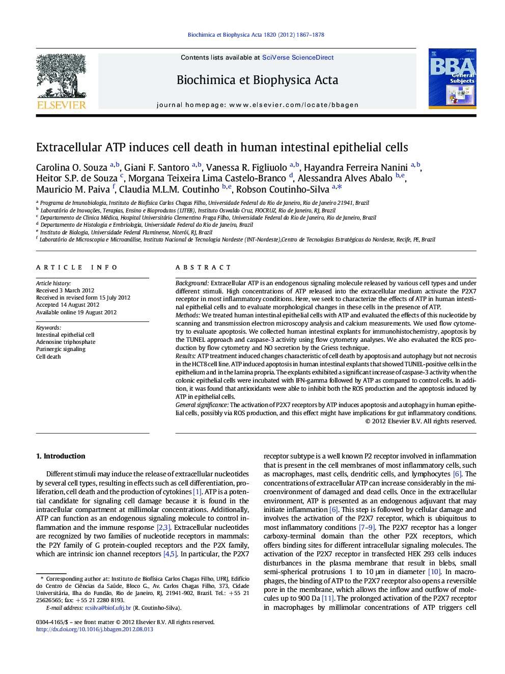 Extracellular ATP induces cell death in human intestinal epithelial cells