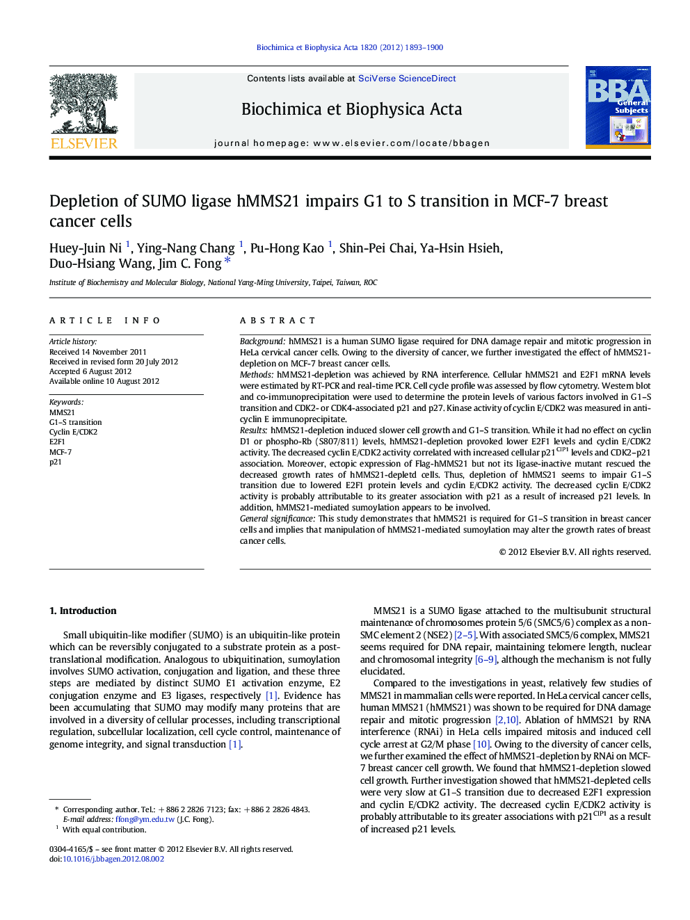 Depletion of SUMO ligase hMMS21 impairs G1 to S transition in MCF-7 breast cancer cells