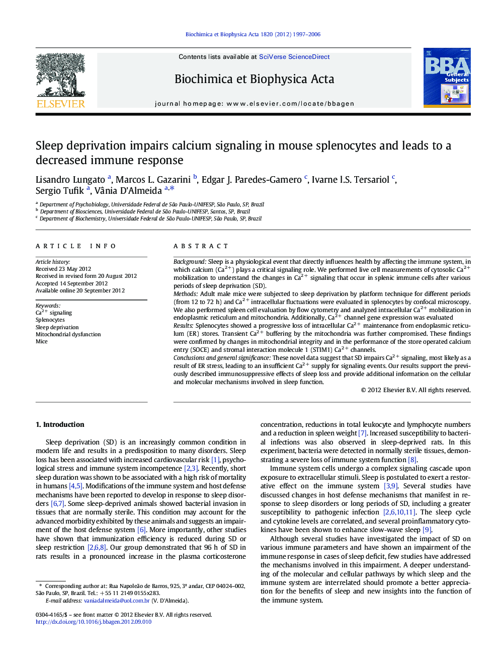 Sleep deprivation impairs calcium signaling in mouse splenocytes and leads to a decreased immune response