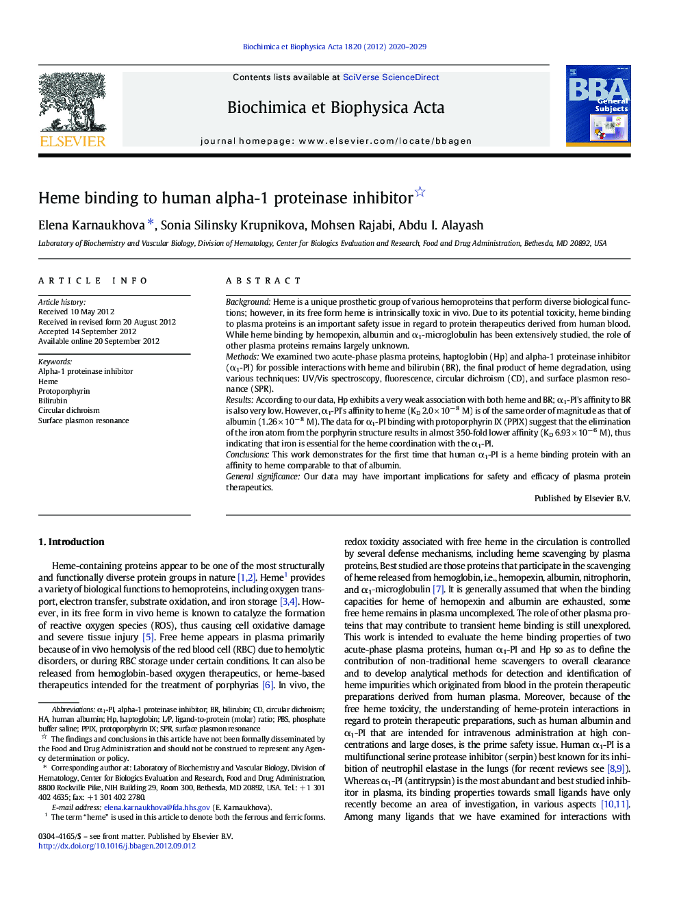 Heme binding to human alpha-1 proteinase inhibitor