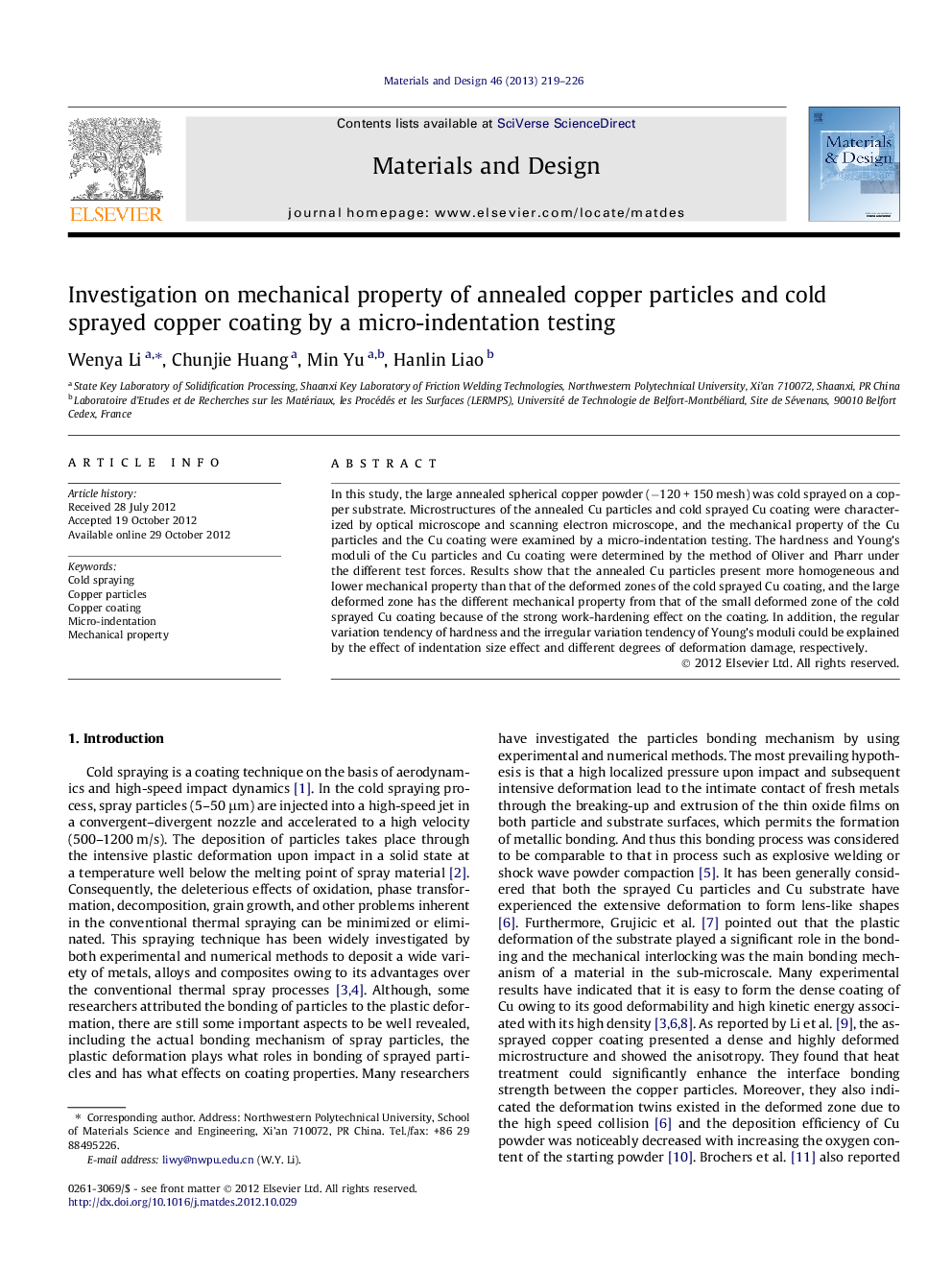 Investigation on mechanical property of annealed copper particles and cold sprayed copper coating by a micro-indentation testing