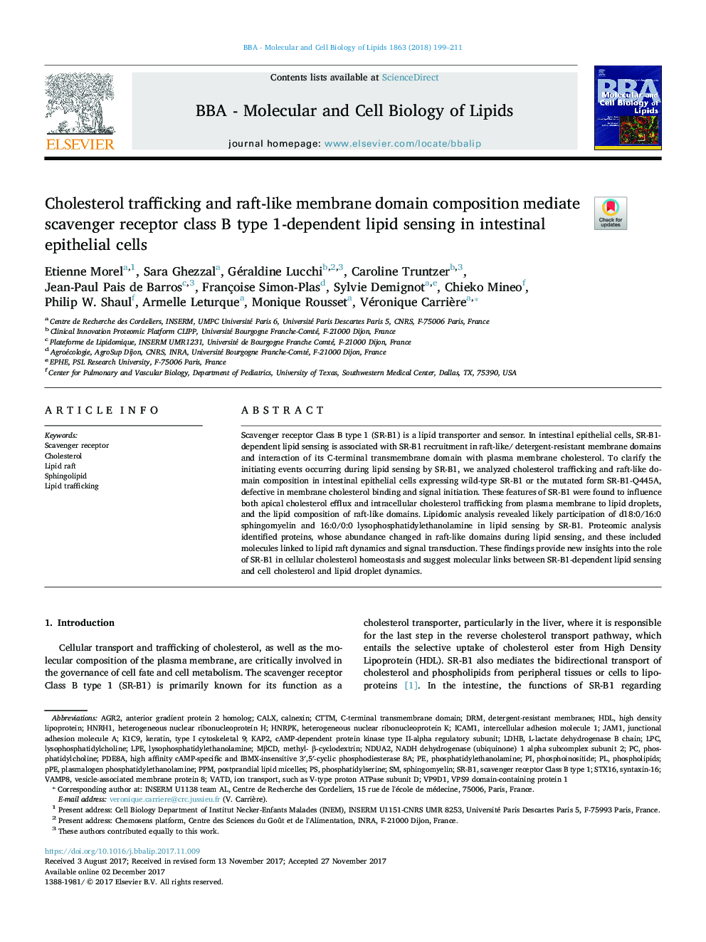 Cholesterol trafficking and raft-like membrane domain composition mediate scavenger receptor class B type 1-dependent lipid sensing in intestinal epithelial cells