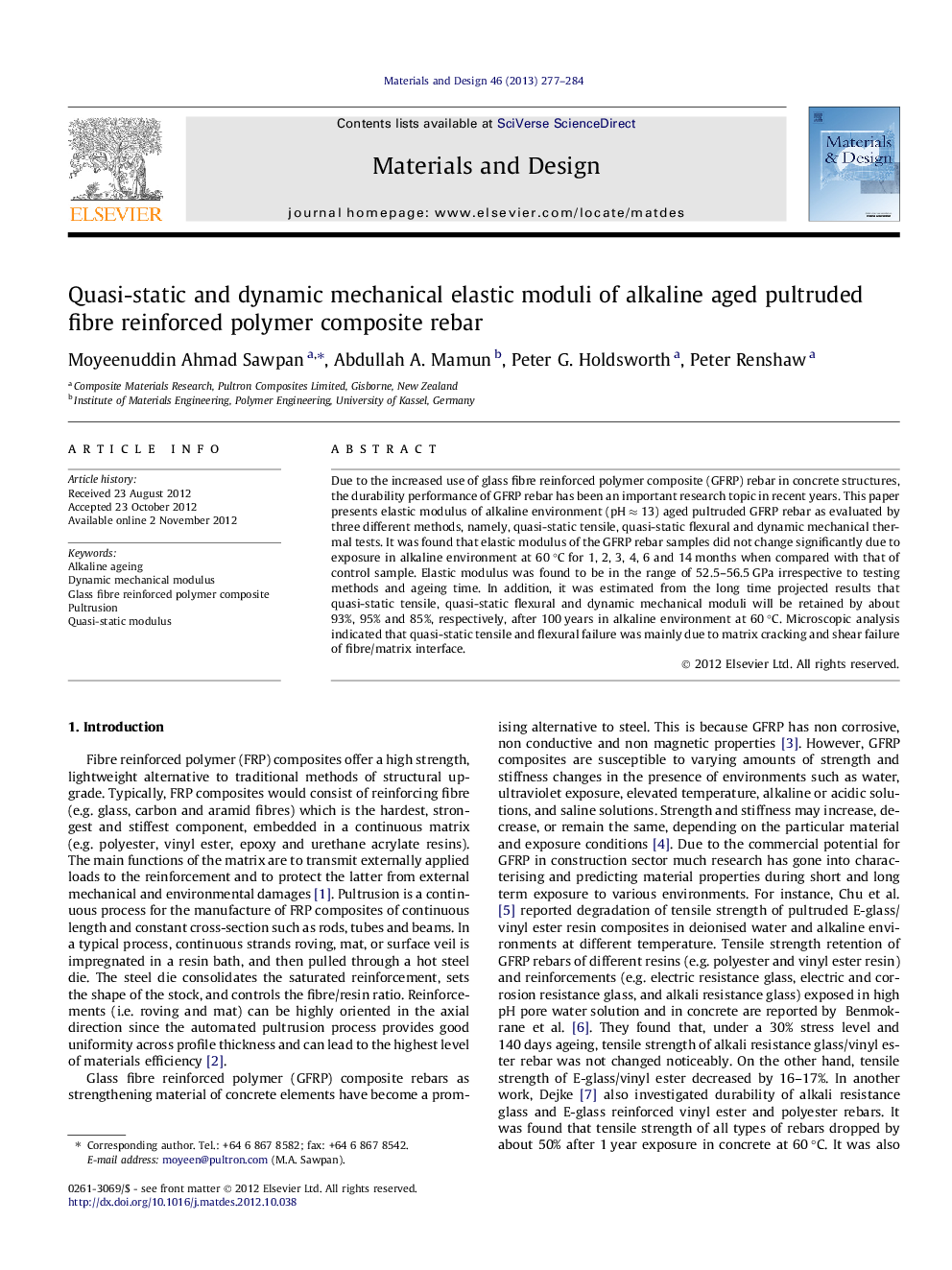 Quasi-static and dynamic mechanical elastic moduli of alkaline aged pultruded fibre reinforced polymer composite rebar