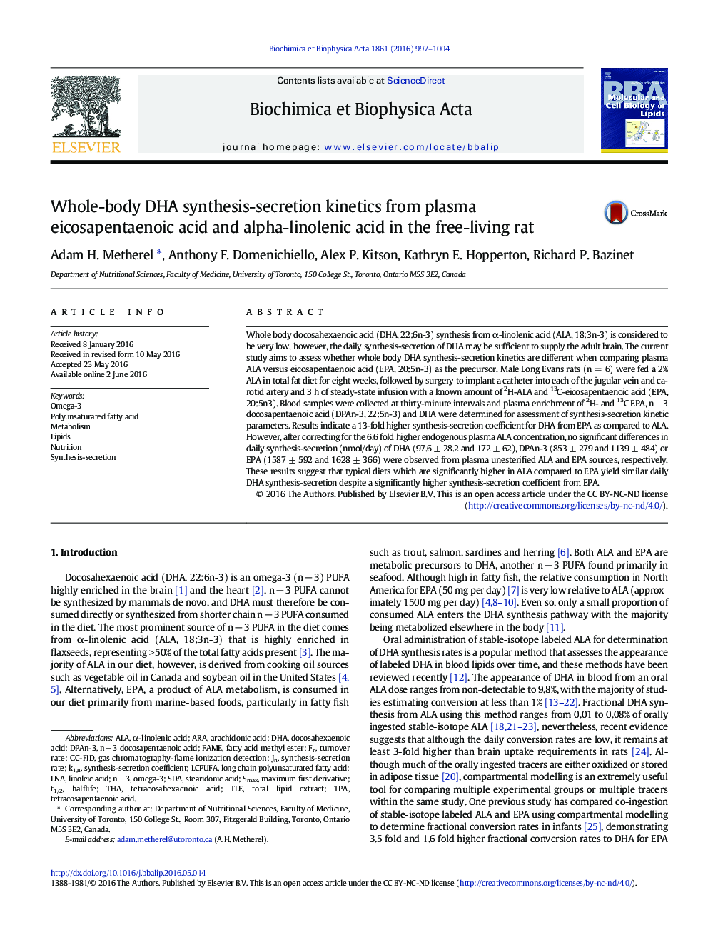 Whole-body DHA synthesis-secretion kinetics from plasma eicosapentaenoic acid and alpha-linolenic acid in the free-living rat