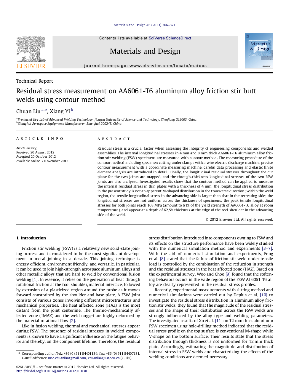 Residual stress measurement on AA6061-T6 aluminum alloy friction stir butt welds using contour method