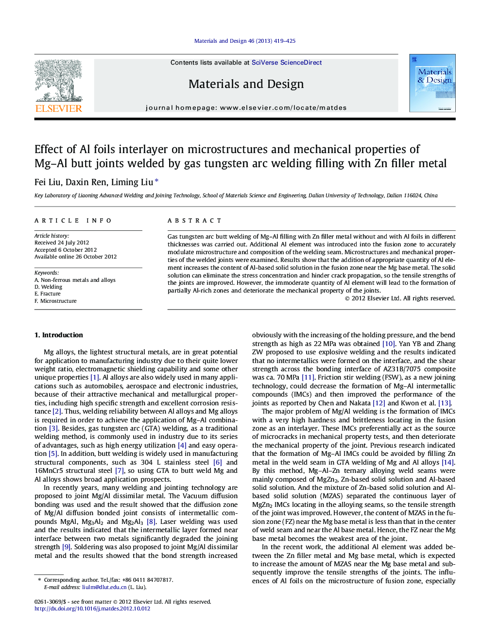 Effect of Al foils interlayer on microstructures and mechanical properties of Mg–Al butt joints welded by gas tungsten arc welding filling with Zn filler metal