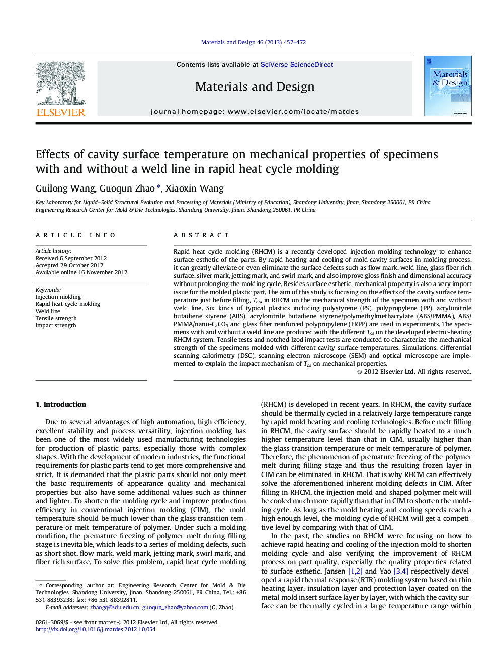 Effects of cavity surface temperature on mechanical properties of specimens with and without a weld line in rapid heat cycle molding