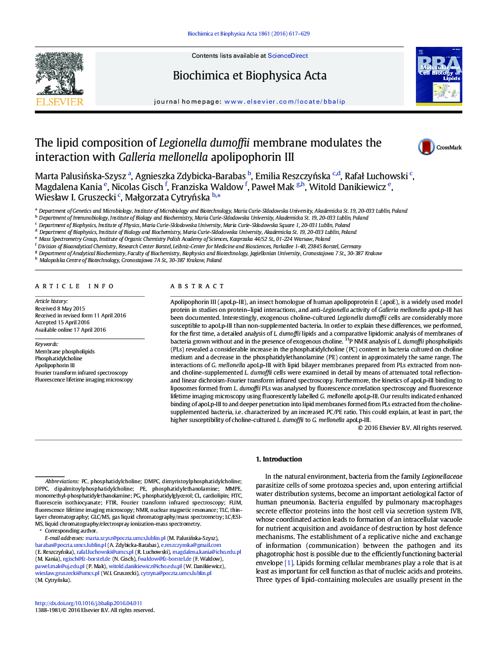 The lipid composition of Legionella dumoffii membrane modulates the interaction with Galleria mellonella apolipophorin III