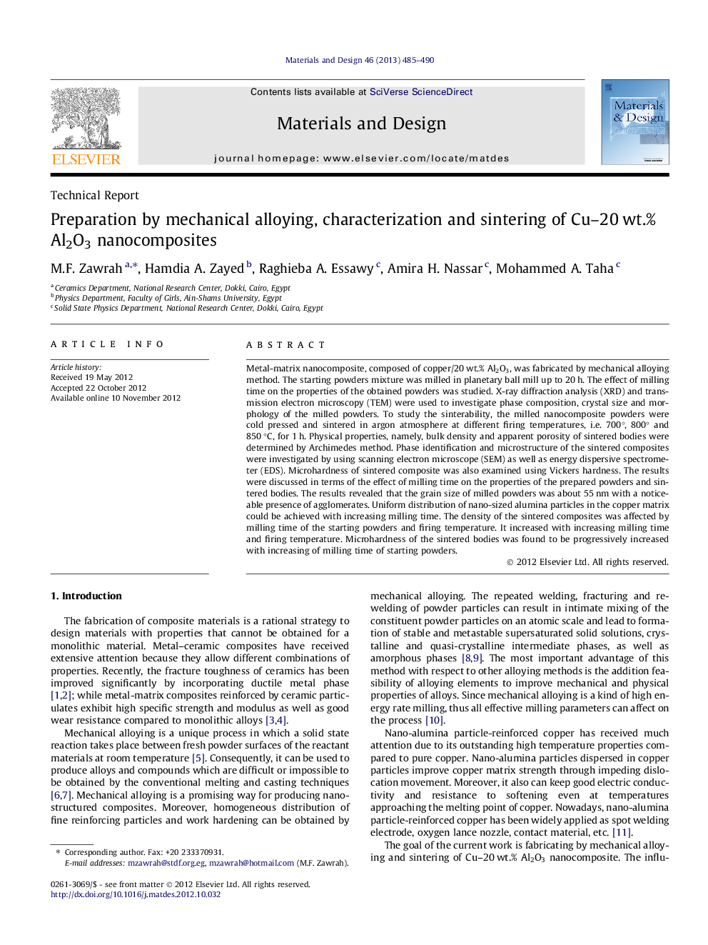 Preparation by mechanical alloying, characterization and sintering of Cu–20 wt.% Al2O3 nanocomposites