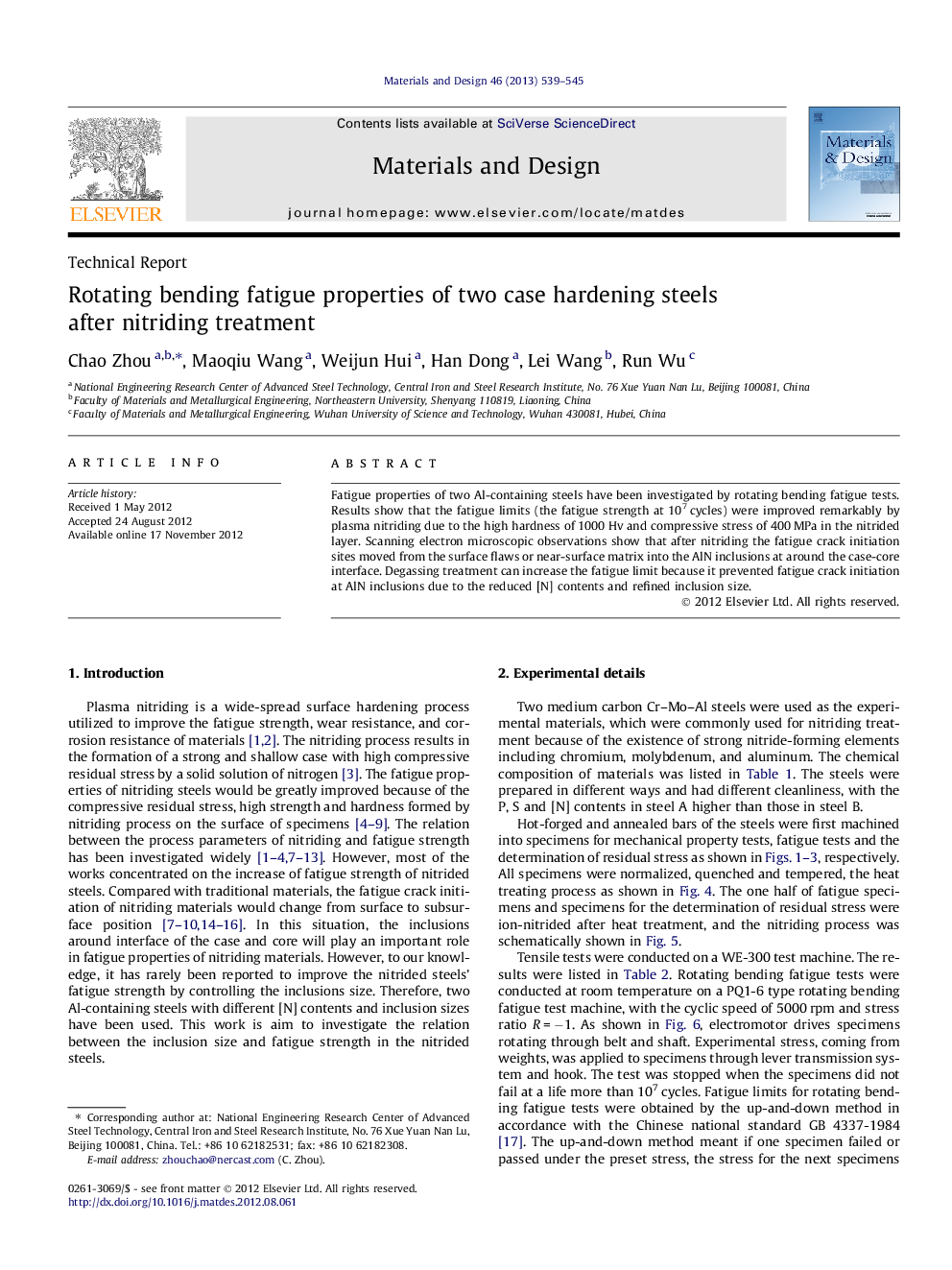 Rotating bending fatigue properties of two case hardening steels after nitriding treatment