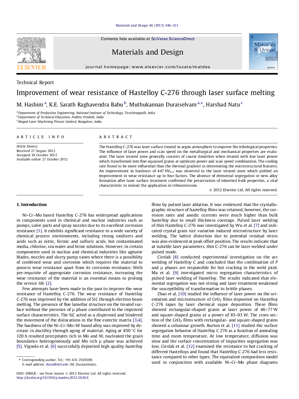 Improvement of wear resistance of Hastelloy C-276 through laser surface melting