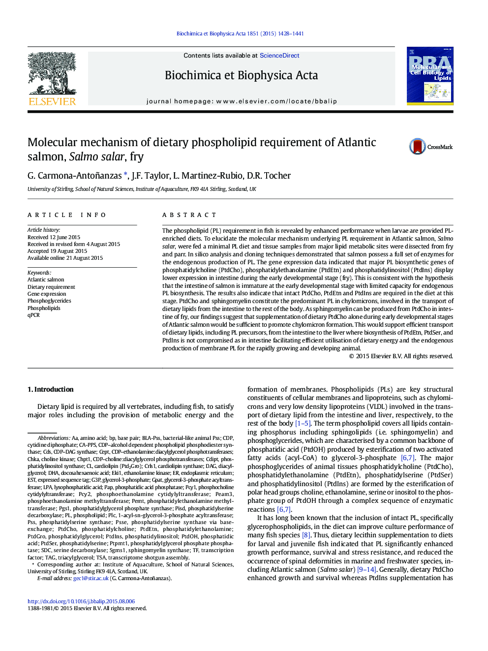 Molecular mechanism of dietary phospholipid requirement of Atlantic salmon, Salmo salar, fry