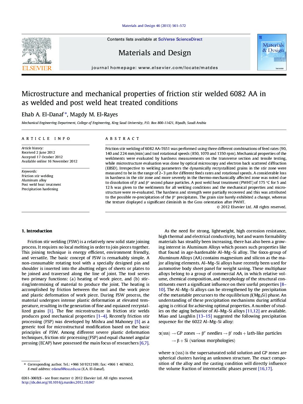 Microstructure and mechanical properties of friction stir welded 6082 AA in as welded and post weld heat treated conditions