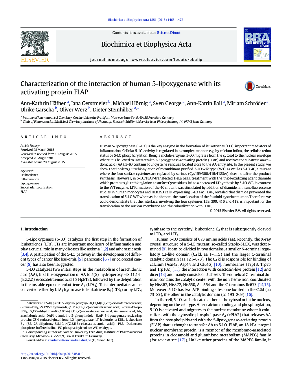 Characterization of the interaction of human 5-lipoxygenase with its activating protein FLAP