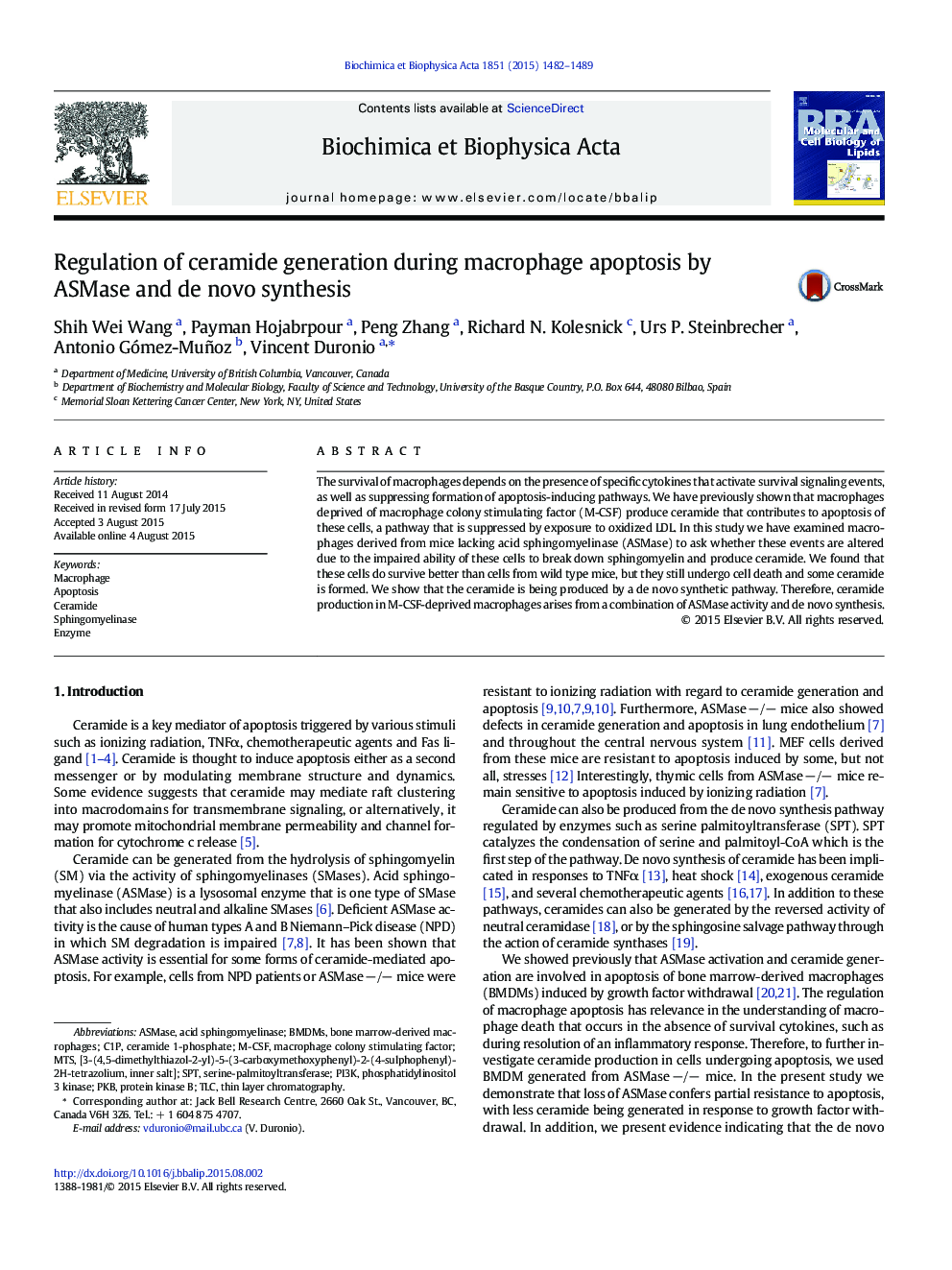 Regulation of ceramide generation during macrophage apoptosis by ASMase and de novo synthesis