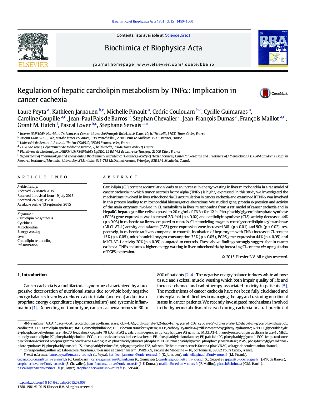 Regulation of hepatic cardiolipin metabolism by TNFÎ±: Implication in cancer cachexia