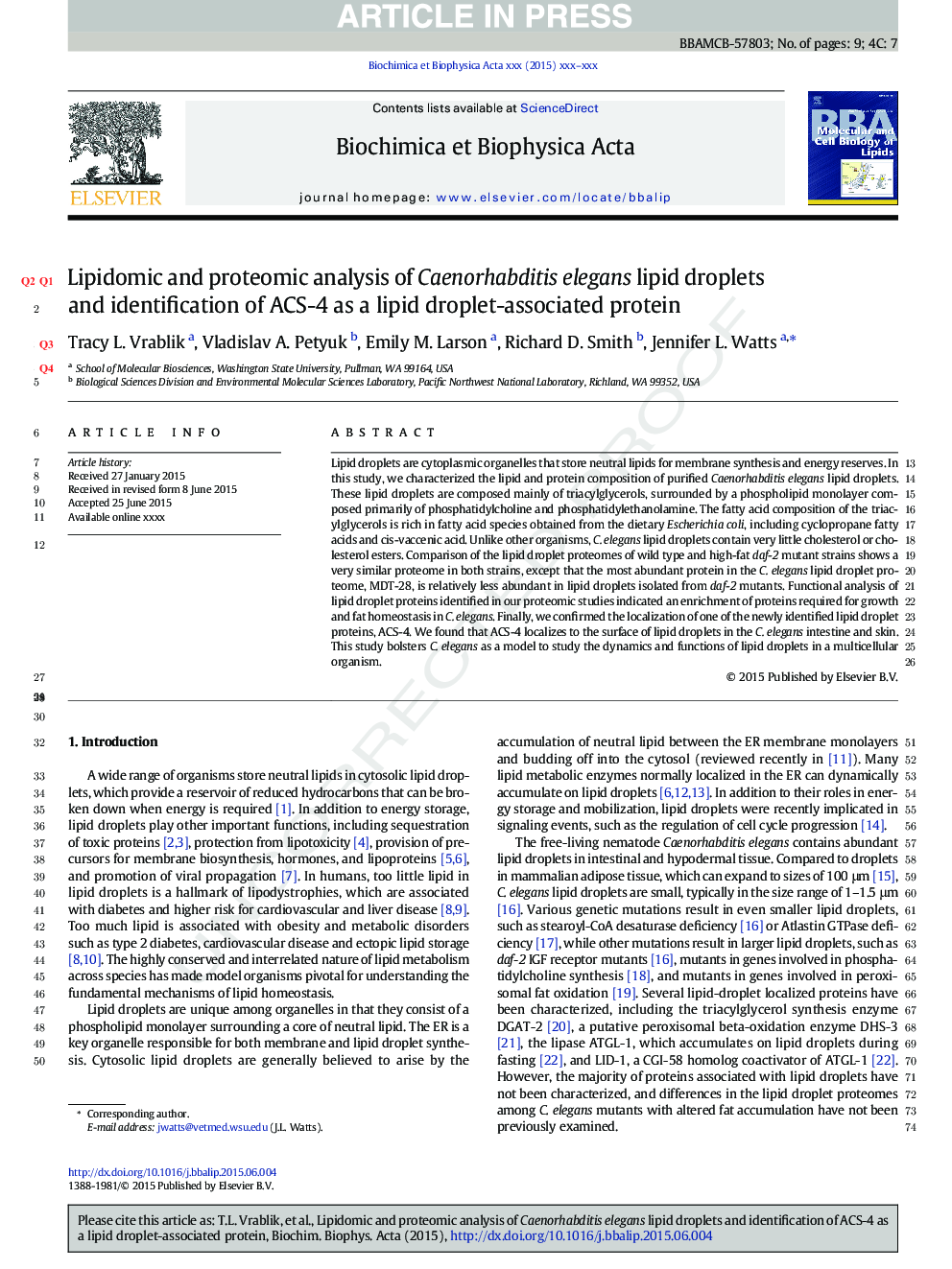 Lipidomic and proteomic analysis of Caenorhabditis elegans lipid droplets and identification of ACS-4 as a lipid droplet-associated protein