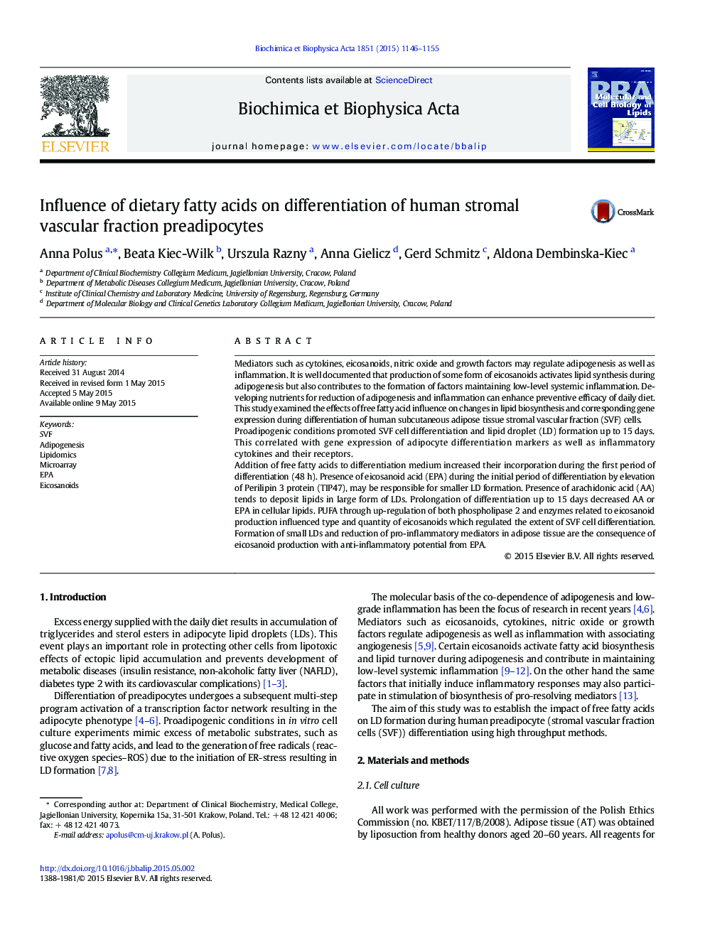 Influence of dietary fatty acids on differentiation of human stromal vascular fraction preadipocytes