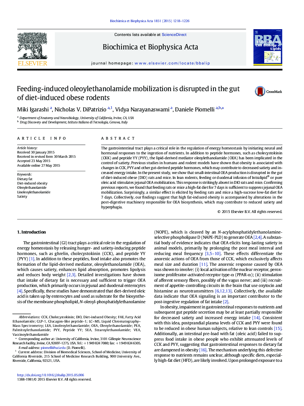 عکس صفحه اول مقاله: Feeding-induced oleoylethanolamide mobilization is disrupted in the gut of diet-induced obese rodents Feeding-induced oleoylethanolamide mobilization is disrupted in the gut of diet-induced obese rodents