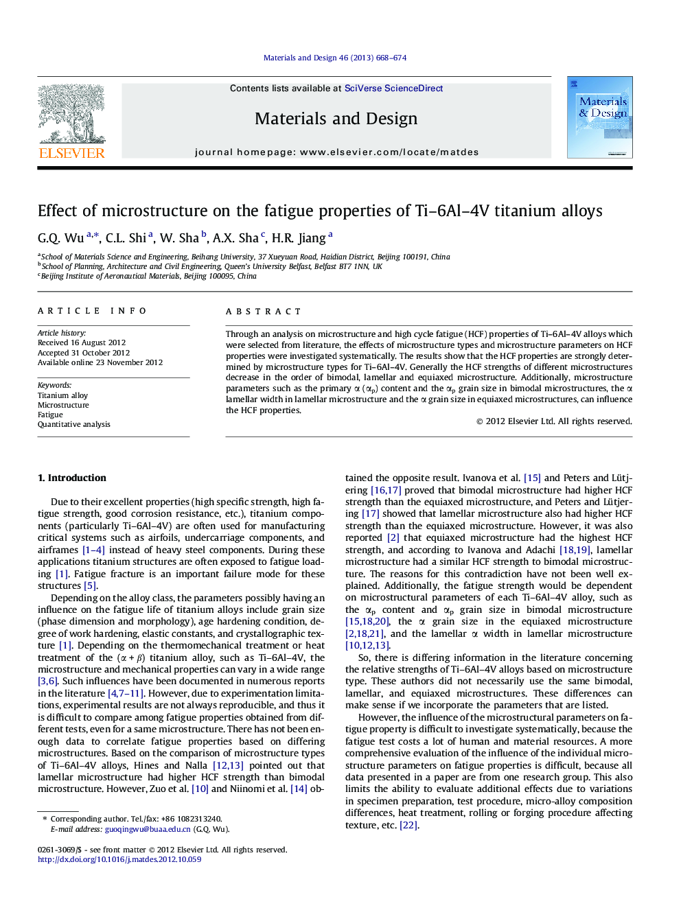 Effect of microstructure on the fatigue properties of Ti–6Al–4V titanium alloys