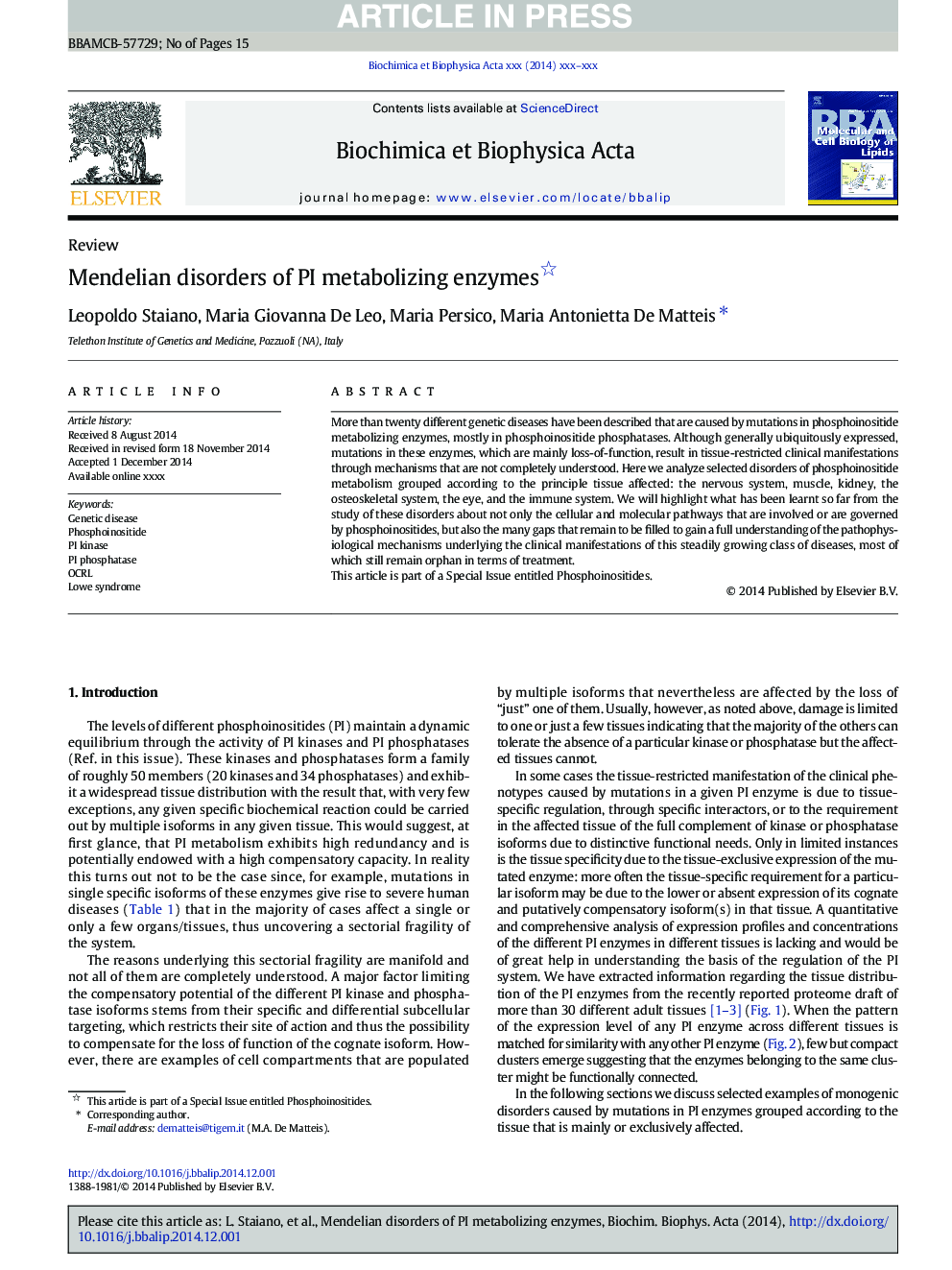 Mendelian disorders of PI metabolizing enzymes