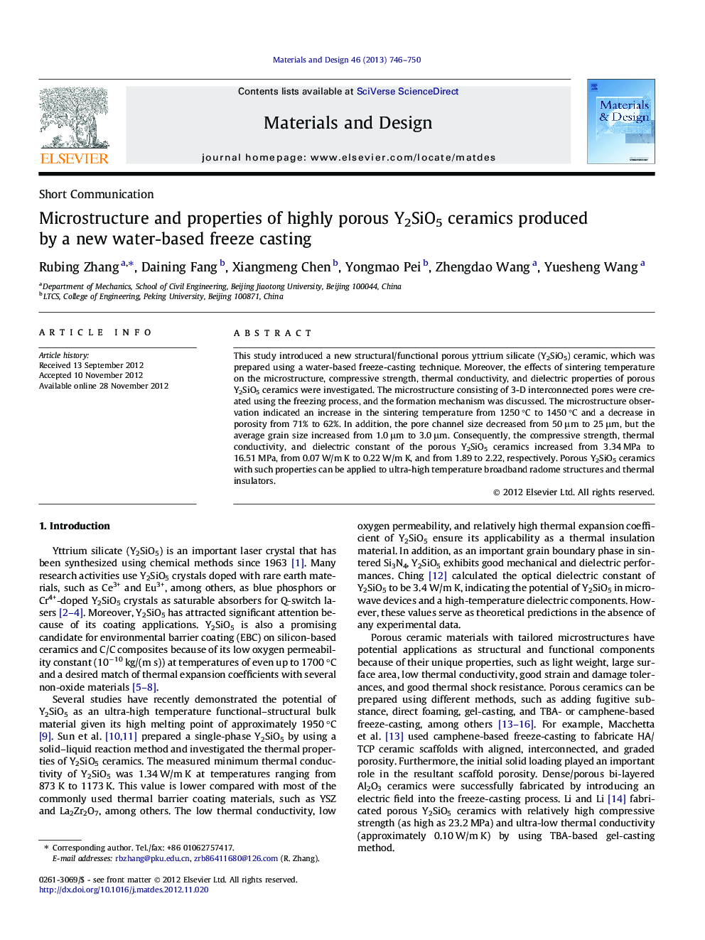 Microstructure and properties of highly porous Y2SiO5 ceramics produced by a new water-based freeze casting