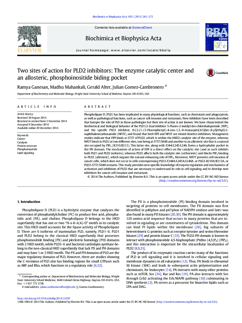 Two sites of action for PLD2 inhibitors: The enzyme catalytic center and an allosteric, phosphoinositide biding pocket