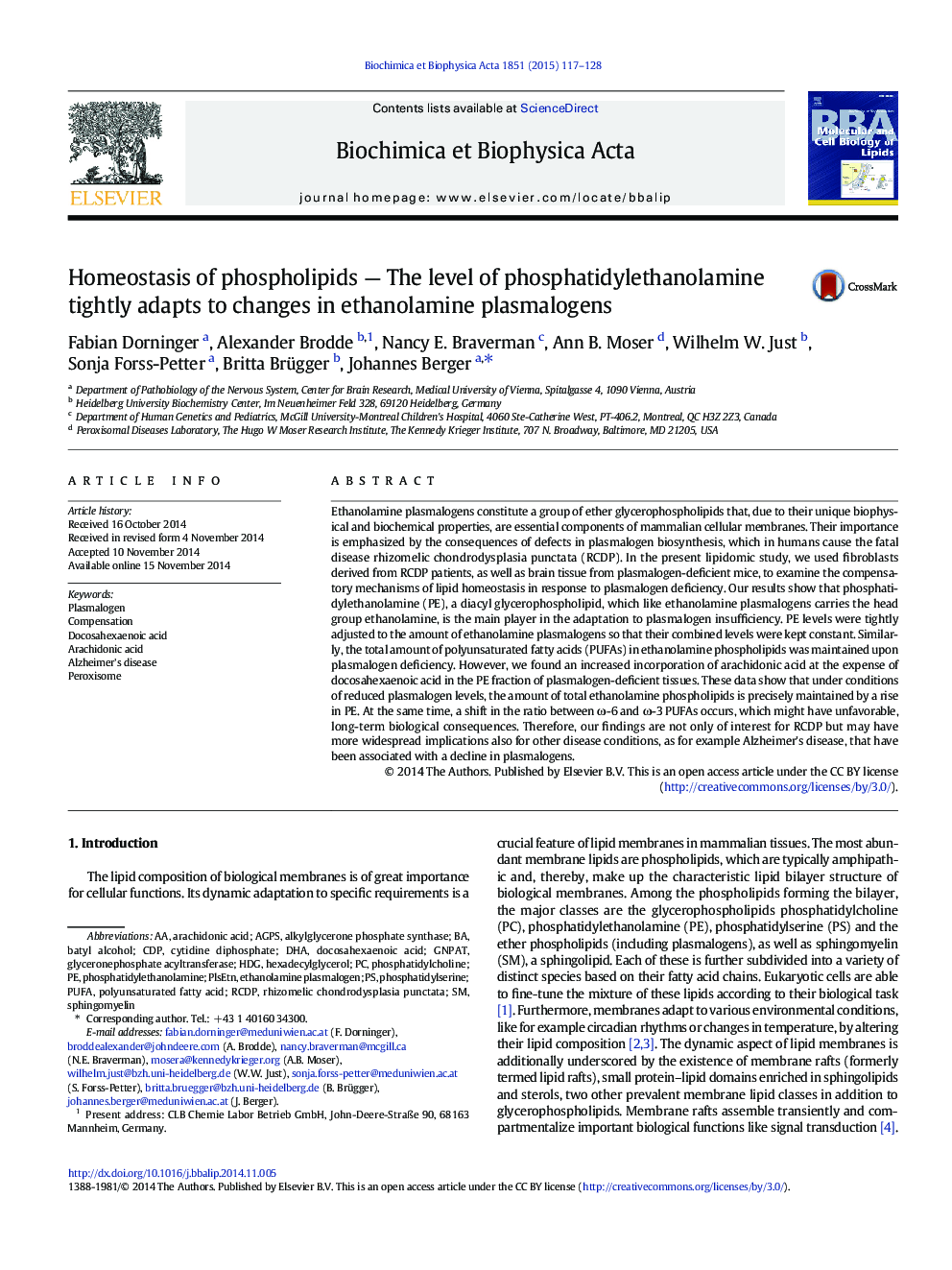 Homeostasis of phospholipids - The level of phosphatidylethanolamine tightly adapts to changes in ethanolamine plasmalogens