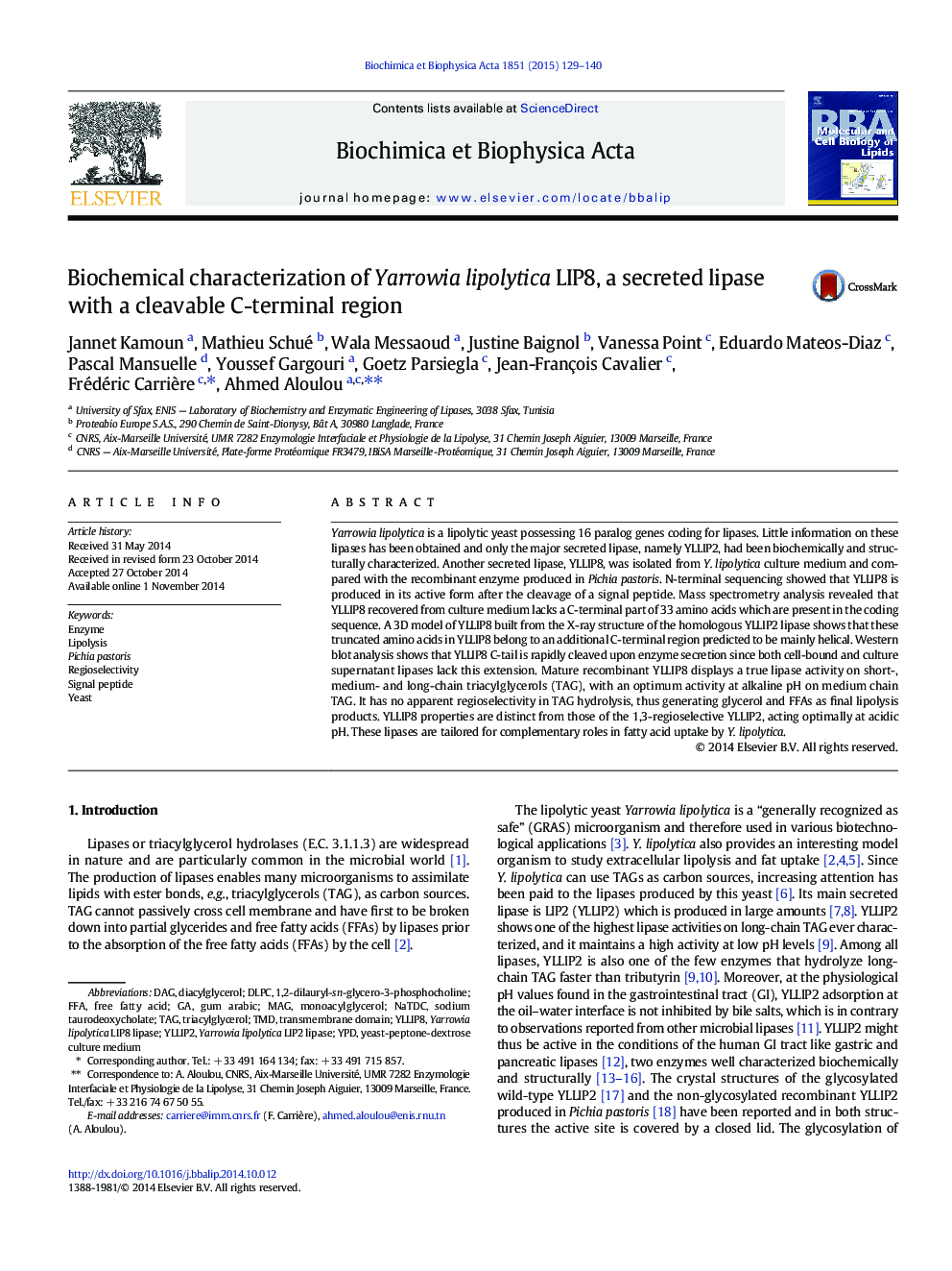 Biochemical characterization of Yarrowia lipolytica LIP8, a secreted lipase with a cleavable C-terminal region