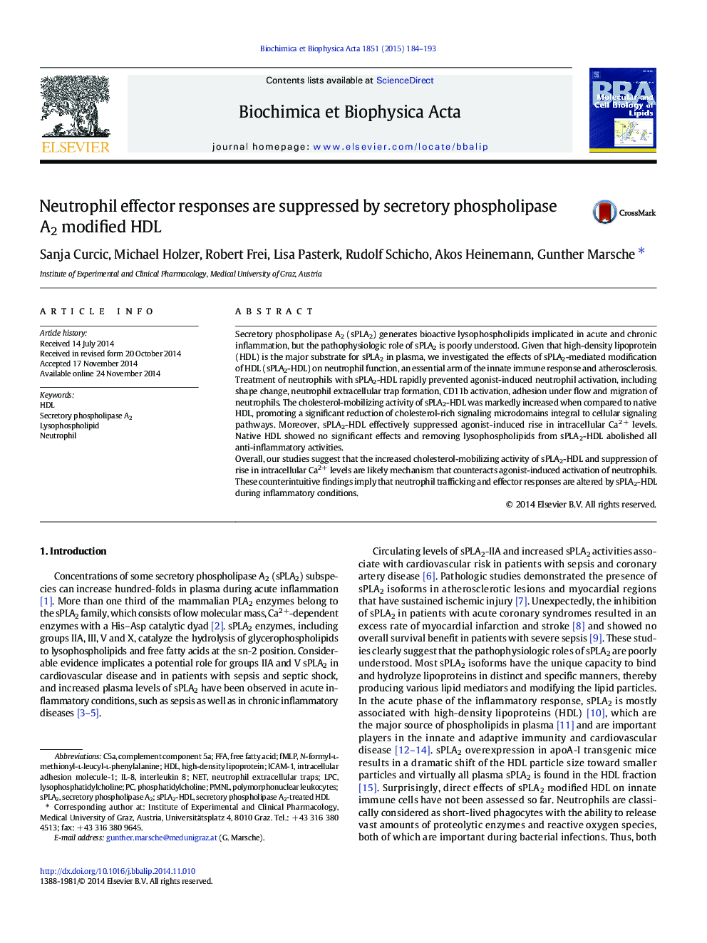 Neutrophil effector responses are suppressed by secretory phospholipase A2 modified HDL