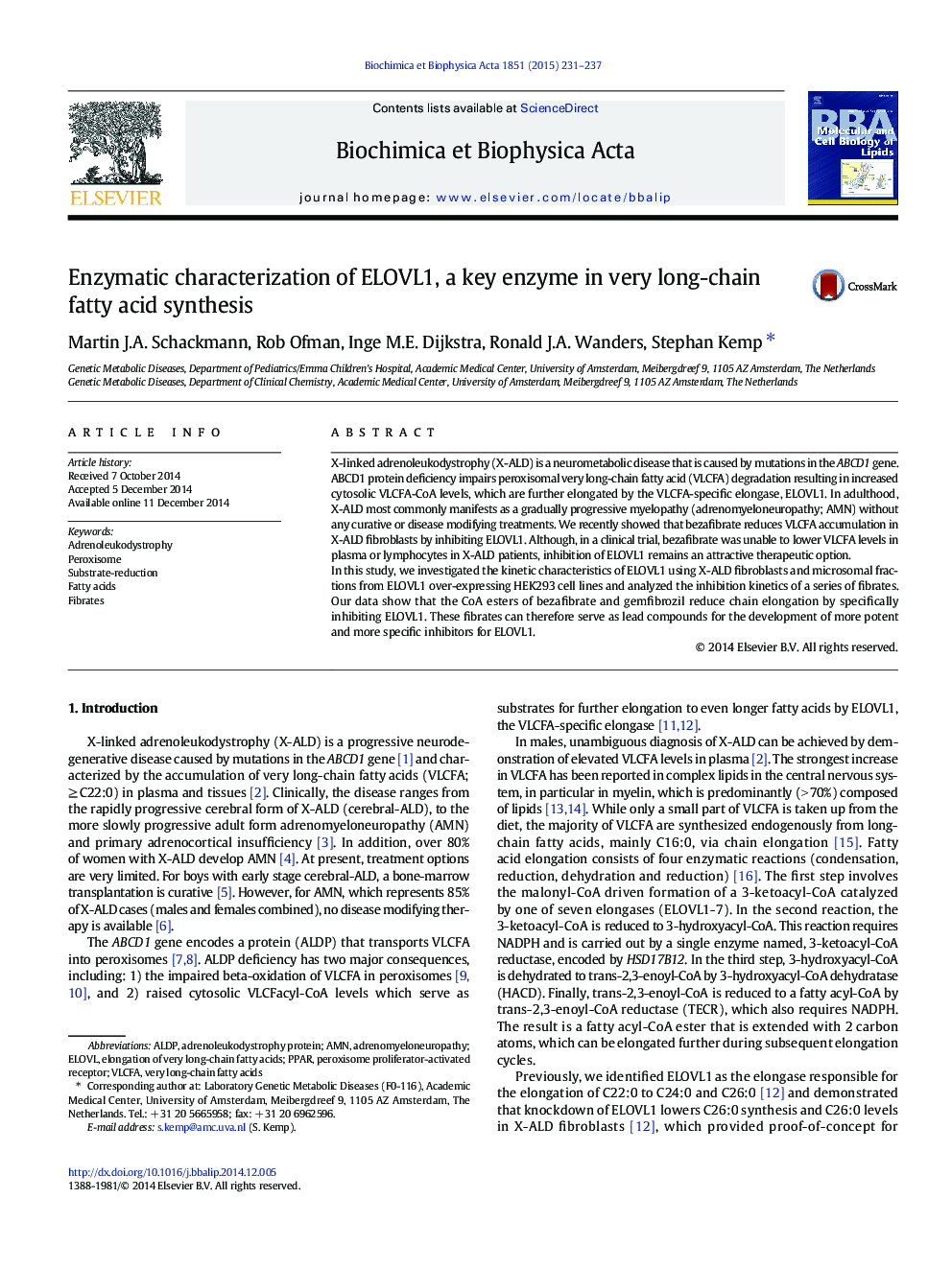 Enzymatic characterization of ELOVL1, a key enzyme in very long-chain fatty acid synthesis