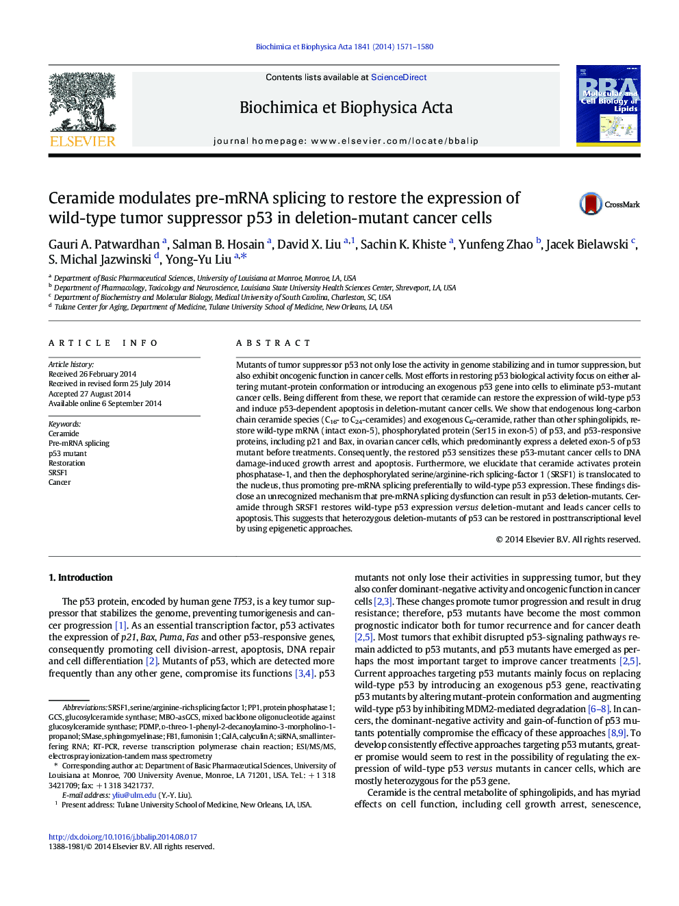 Ceramide modulates pre-mRNA splicing to restore the expression of wild-type tumor suppressor p53 in deletion-mutant cancer cells