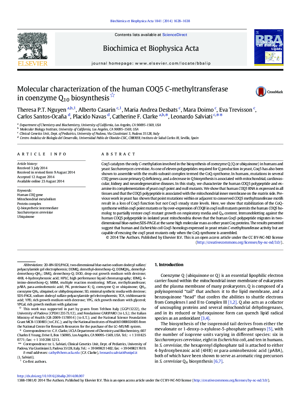 Molecular characterization of the human COQ5 C-methyltransferase in coenzyme Q10 biosynthesis