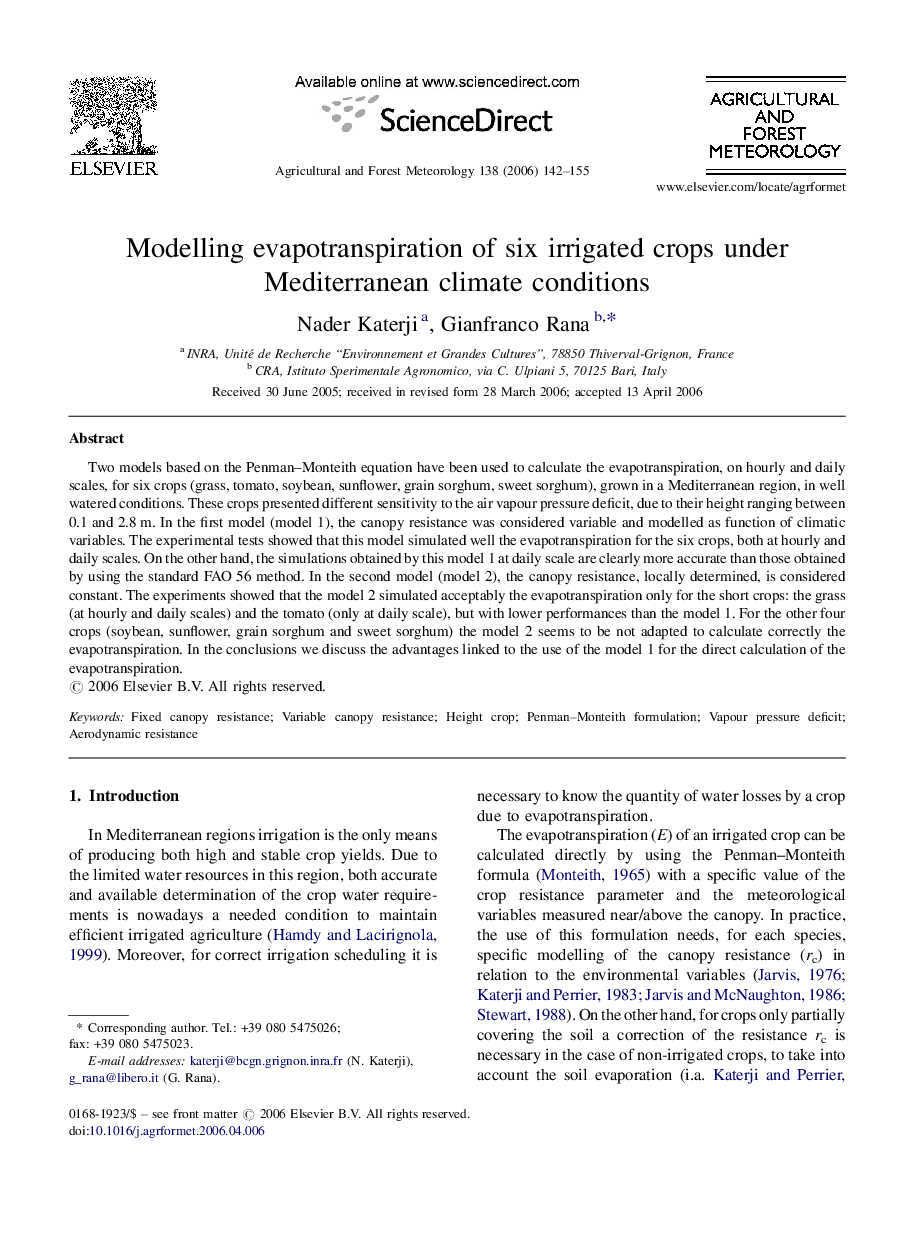 Modelling evapotranspiration of six irrigated crops under Mediterranean climate conditions