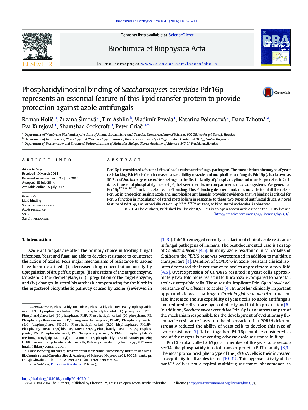 Phosphatidylinositol binding of Saccharomyces cerevisiae Pdr16p represents an essential feature of this lipid transfer protein to provide protection against azole antifungals