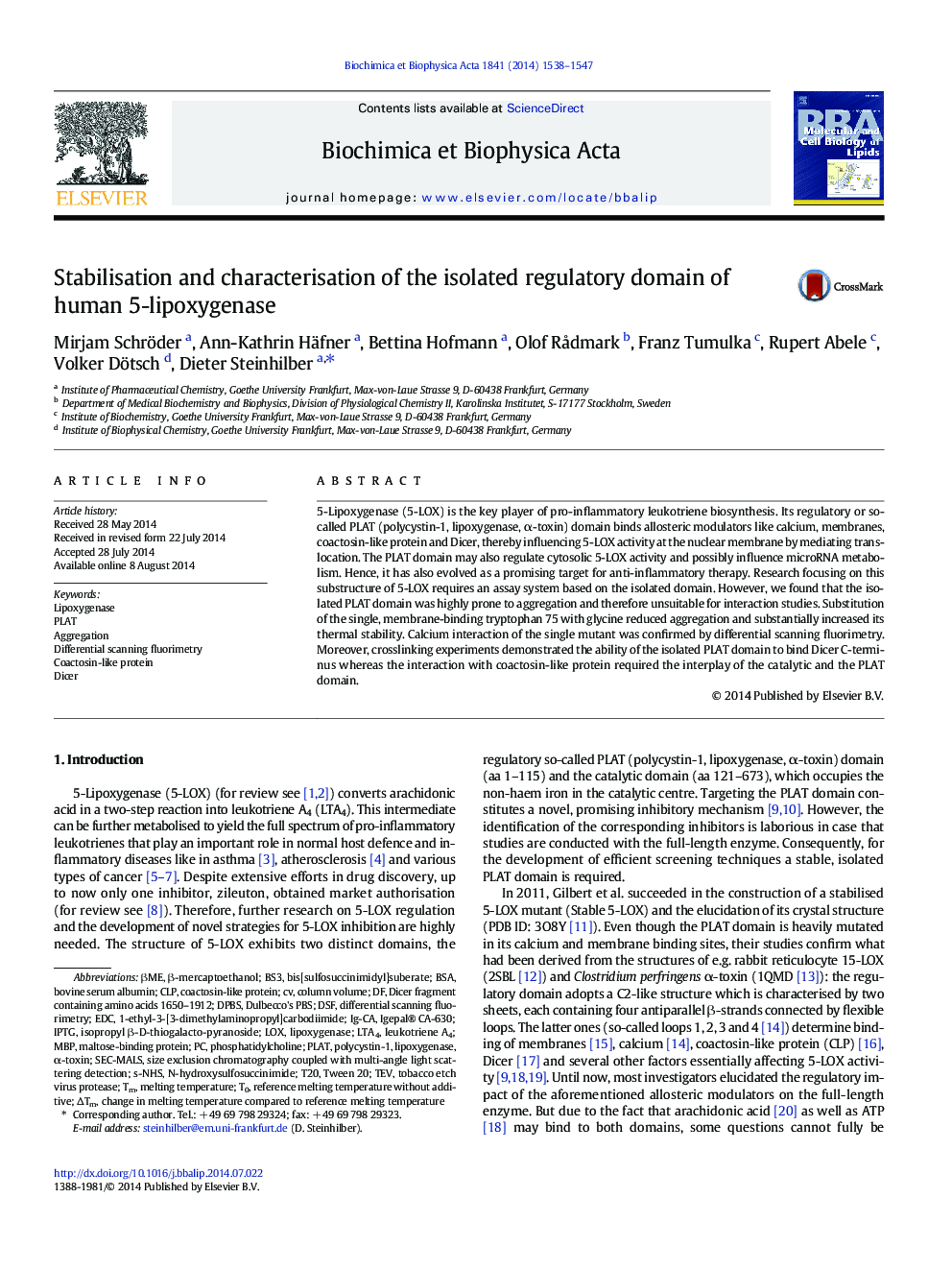 Stabilisation and characterisation of the isolated regulatory domain of human 5-lipoxygenase