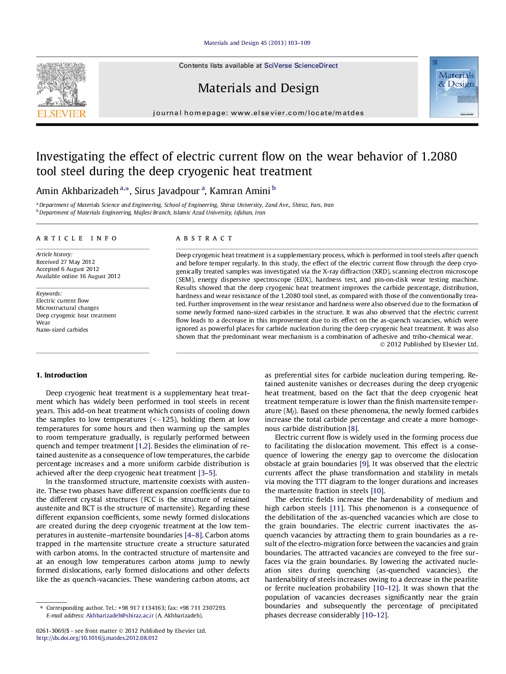 Investigating the effect of electric current flow on the wear behavior of 1.2080 tool steel during the deep cryogenic heat treatment