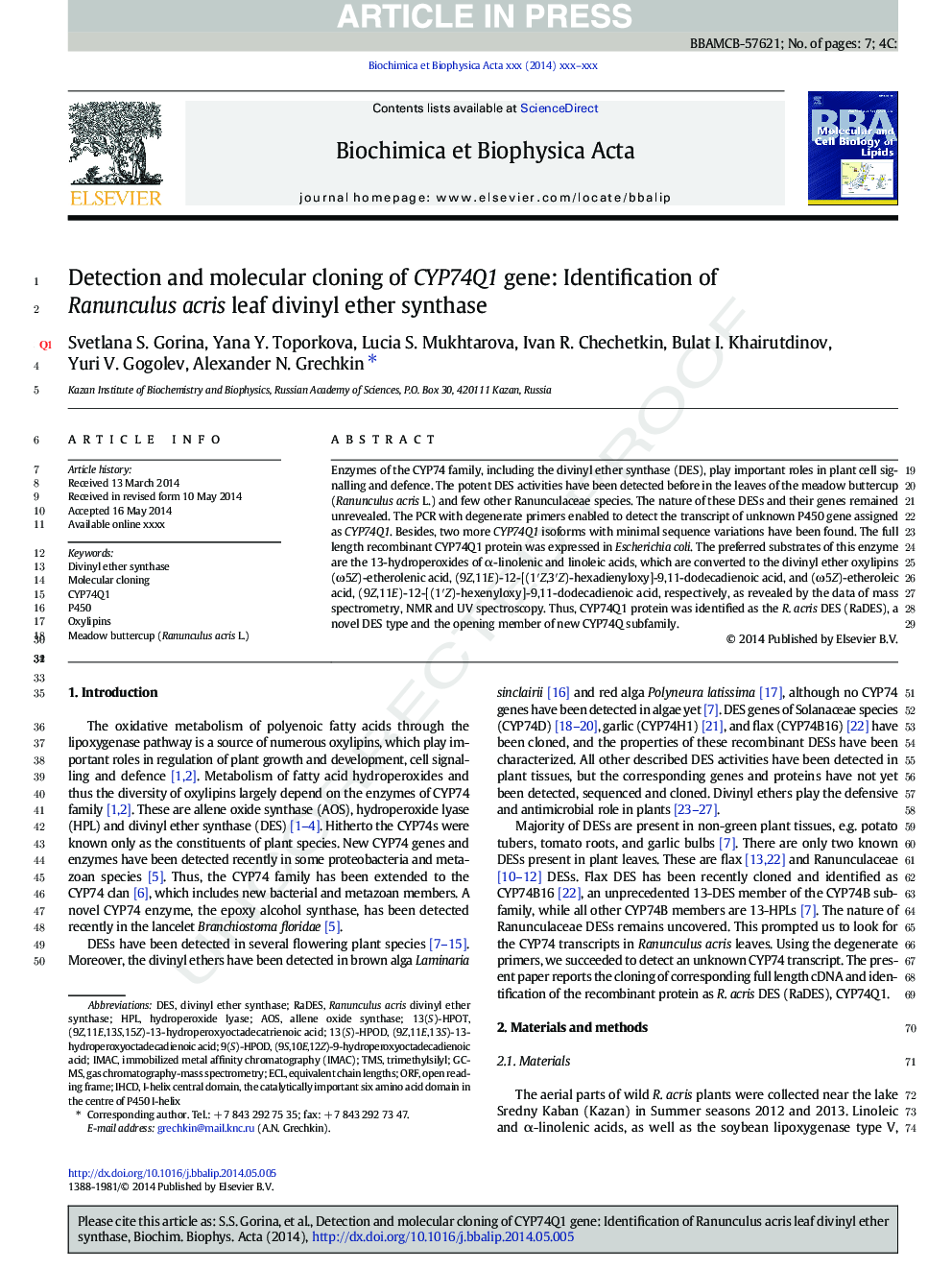 Detection and molecular cloning of CYP74Q1 gene: Identification of Ranunculus acris leaf divinyl ether synthase