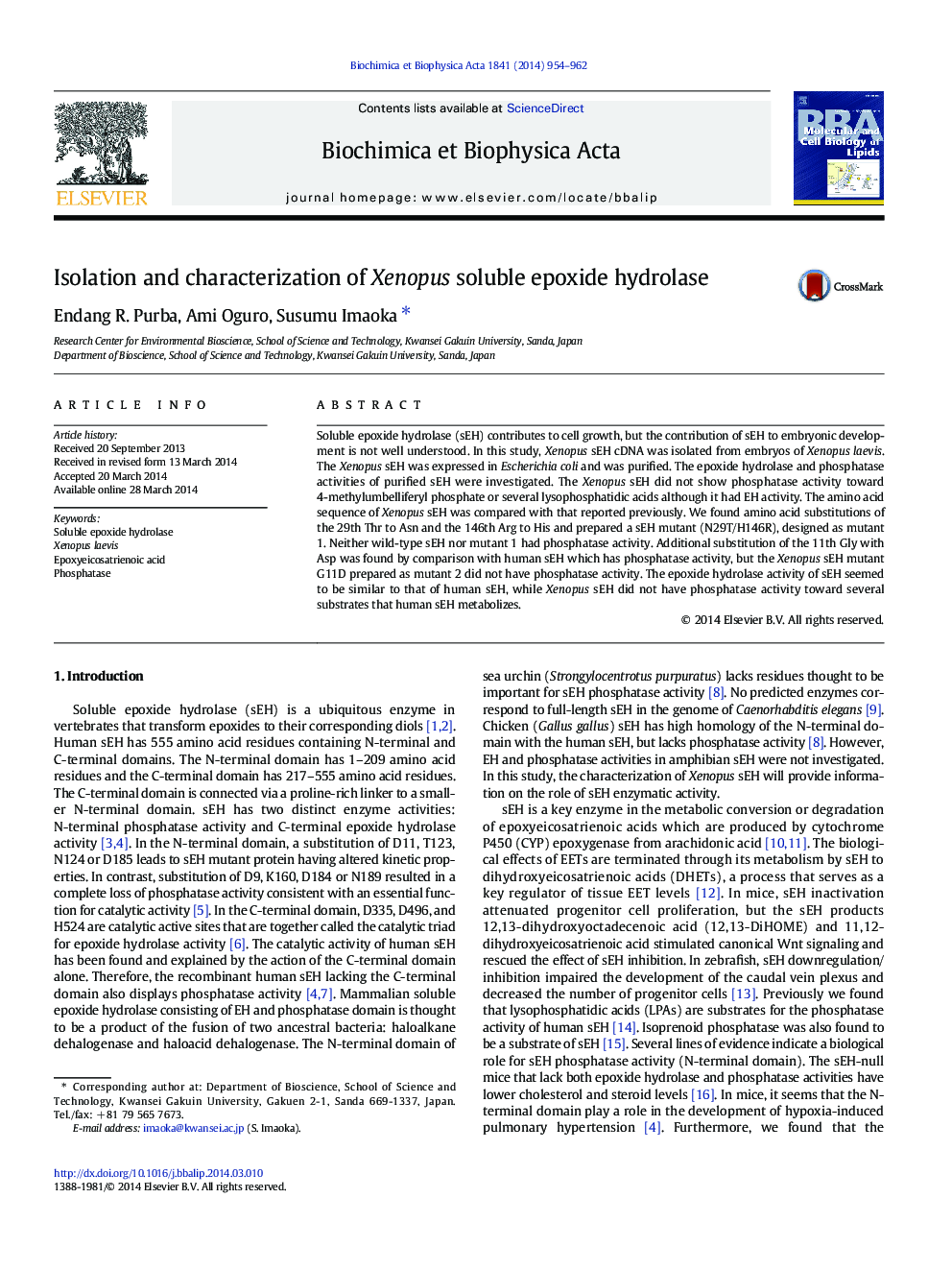 Isolation and characterization of Xenopus soluble epoxide hydrolase