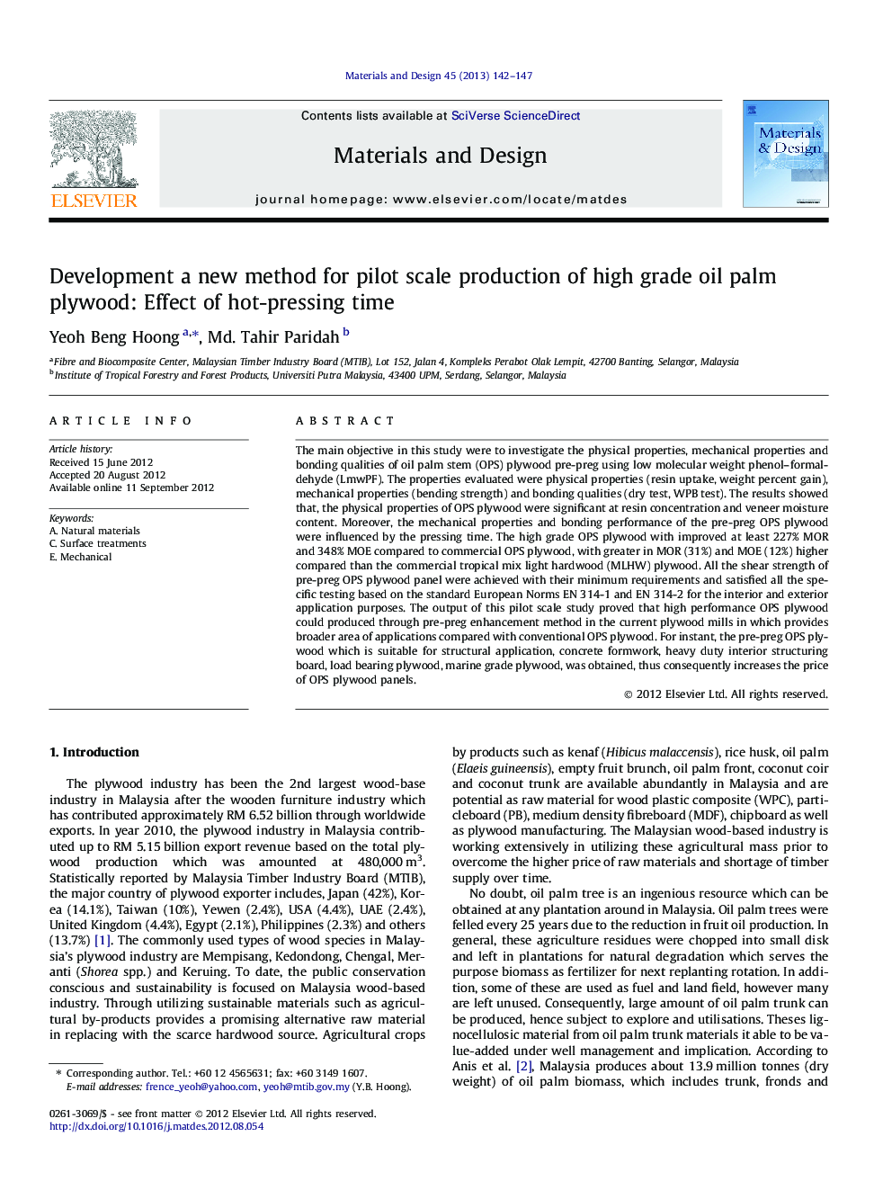 Development a new method for pilot scale production of high grade oil palm plywood: Effect of hot-pressing time