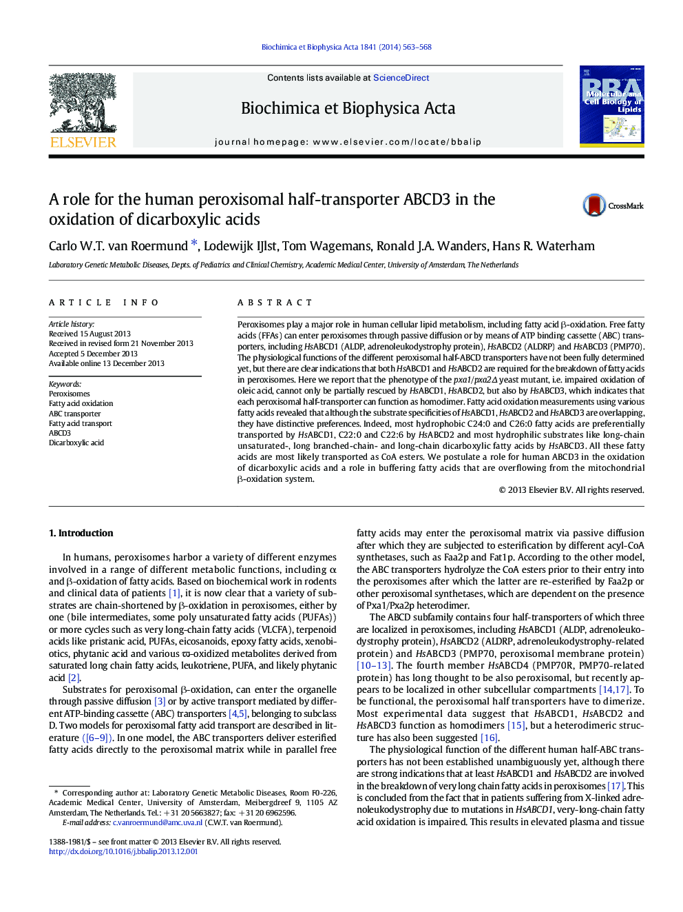 A role for the human peroxisomal half-transporter ABCD3 in the oxidation of dicarboxylic acids